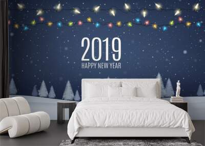 Winter night landscape with fir trees, coniferous snowy forest, falling snow and luminous garlands. Holiday winter forest Merry Christmas and Happy New Year. Wall mural