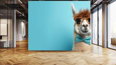 Big eye alpaca with blue bow tie and wearing glasses on blue wall background Wall mural