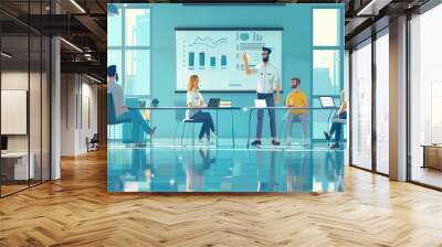 Group of adult students having class with business teacher in modern office interior. Man raises his hand to answer question, ask something or make interesting suggestion, Generative AI Wall mural