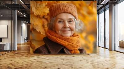 Portrait of the smiling elderly woman. A photo on the autumn background, Generative AI Wall mural