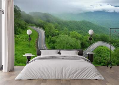 Aerial top view beautiful curve road on green forest in the rain season Wall mural