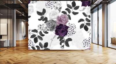 Hand drawn with watercolor floral seamless pattern with rose flowers in dark colors Wall mural