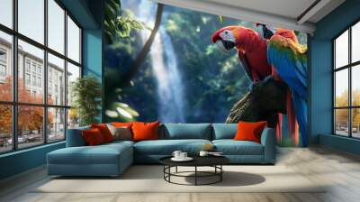 A pair of colorful parrots share a perch with a forest waterfall in the background. nice view Wall mural