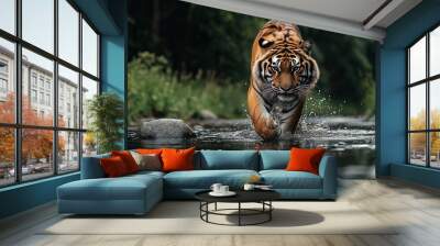 Amur tiger walks on water. Dangerous animal, animal in green forest stream. Gray stone, river droplet. Wild cat in nature habitat. Wall mural