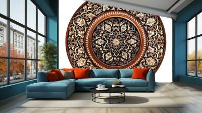 Arabic,oriental carved ornament on wooden round  plate, patterns. Souvenir plate on the white background. Wall mural