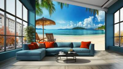 Beautiful panoramic sea sand sky. Tropical relax beach sunny summer island landscape. Love couple chairs umbrella palm leaves romantic coast. Luxury travel destination. Honeymoon vacation best holiday Wall mural