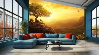 Beautifully designed golden cloudy sunset background with mountains, old trees, forest with bird lions and meerkats Wall mural