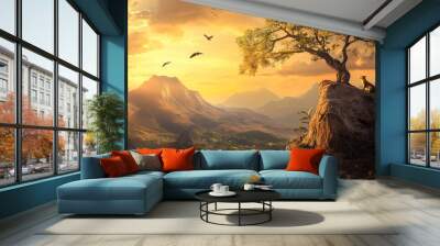 Beautifully designed golden cloudy sunset background with mountains, old trees, forest with bird lions and meerkats Wall mural