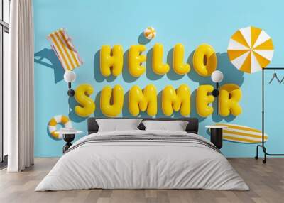 Hello summer is written in inflatable yellow letters on a blue background. Beach scene with umbrella, surfboard and lounge chair. Creative tropical background for postcard, poster. 3D illustration. Wall mural