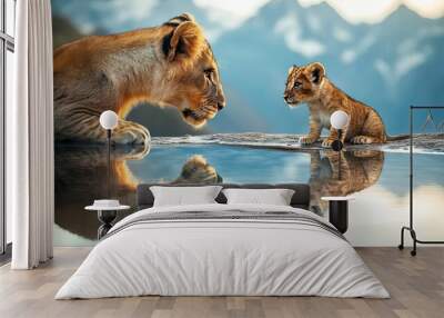 Mother and lion cub see themselves in the water by the lake Wall mural