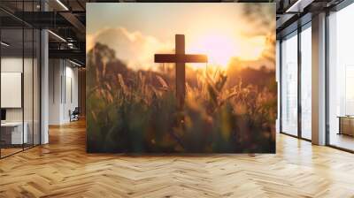 Ascension day concept. The cross on meadow autumn sunrise background., orthodox easter Wall mural