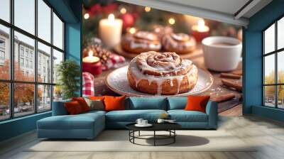 cinnamon rolls with glaze, arranged on an old wooden table surrounded by scattered Christmas decorations and candles Wall mural