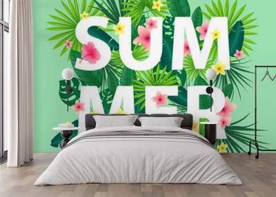 vector illustration of an abstract summer background with tropical leaves and flowers Wall mural