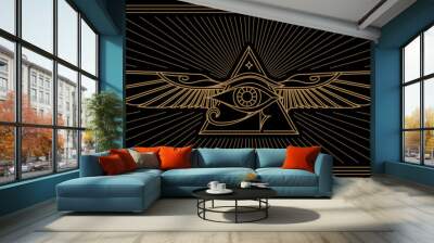 Ancient Egypt vintage art hipster line art Illustration vector with eye of horus with Sacred scarab wings wall art design in outline simple minimal design Wall mural