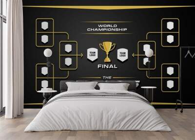 black and gold elegant sport game tournament championship contest stage layout, double elimination bracket board chart vector with champion trophy prize icon illustration background  Wall mural