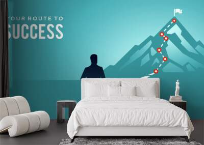 businessman journey concept vector illustration of a mountain with path and a flag at the top, route to mountain peak, business journey and planning concept. Wall mural