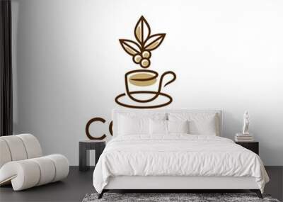 coffee line outline logo with mug or cup also coffee bean and leaf hipster logo icon design for cafe , restaurant cafetaria illustration Wall mural