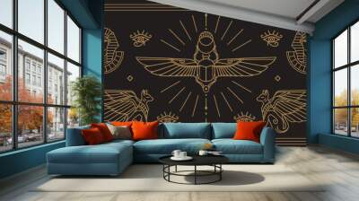 esoteric ancient egypt art decoration illustration with various symbol. collection of egyptian vintage art of pharaoh,cats and scarab wallpaper Wall mural