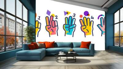 hands showing numbers, hand gesture count 1 2 3 4 and 5 vector icon illustration in trendy cartoon f Wall mural