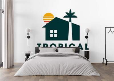 house with palm tree and sun logo vector, tropical beach home or hotel icon design illustration Wall mural