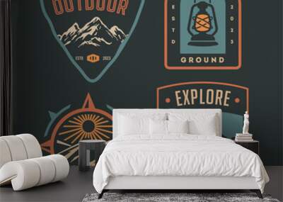 set collection of vintage adventure badge. Camping emblem logo with mountain illustration in retro hipster style. Wall mural