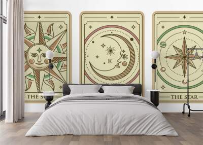 the sun, the moon and the star tarot card illustration vector. Vintage mystic sun, moon and star tarot card in ornamental line art style. Esoteric banner with astrology style. Wall mural