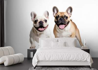 a quality stock photograph of two laughing happy jumping french bulldogs full body isolated on a white background Wall mural