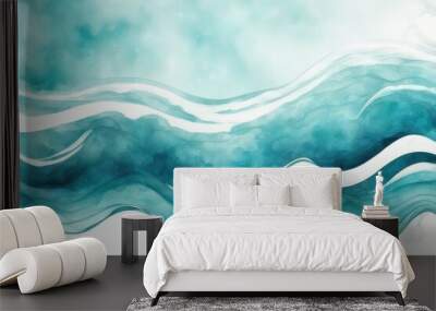 Abstract water ink wave, blue background watercolor texture. Aqua, teal and white ocean wave web, mobile Graphic Resource. Winter snow wave for copy space text backdrop, wavy weather illustration Wall mural