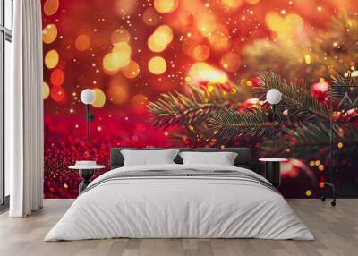 christmas tree with lights on red background Wall mural