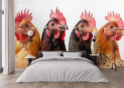 close up of hens isolated on a white background , chickens on white background Wall mural