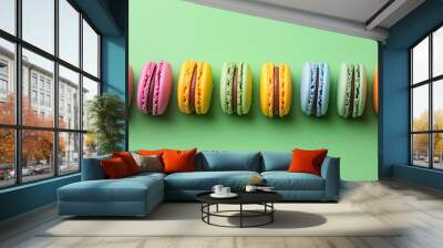 colorful French macaroons on green  background , sweet Macaroons Cookies Wall mural