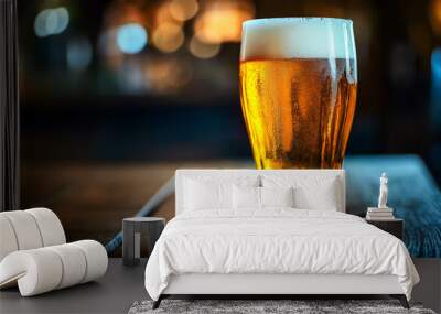 glass of beer on wooden table , in bar  Wall mural