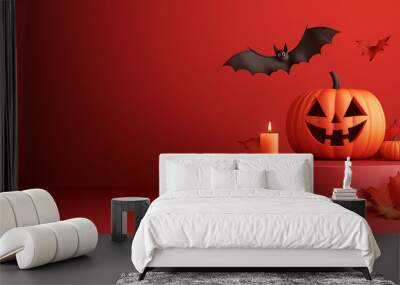 halloween background with pumpkins , bats and candles  , on red  background Wall mural