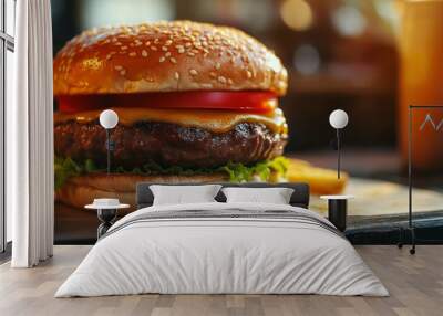 hamburger on a wooden table Wall mural