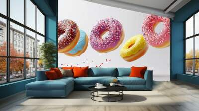 sweet donuts of different colours isolated on white  background , donuts fly over white background Wall mural