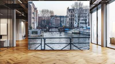 Amsterdam City, River, Ships, Sunset Wall mural