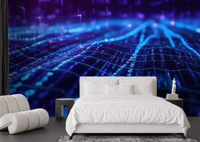 Digital Network: Neon Glow Ropes Intertwined with Numeric Information on Violet Canvas generative ai Wall mural