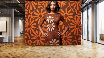 Indian Female model wearing a brown dress with a white daisy print in the style of flower power pictorial fabrics dark orange generative ai Wall mural