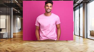 Photo realistic athletic Indian male model wearing a t-shirt pink background generative ai	 Wall mural