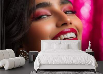 Portrait of Beautiful Young Indian Model with Red Lipstick Smiling on Pink Festive Background generative ai Wall mural