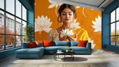 Traditional Indian Woman Holding A White Lotus In Peaceful Prayer Pose generative ai Wall mural