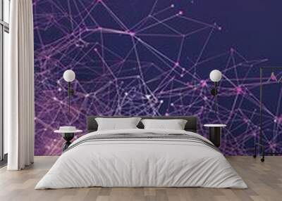 A towering vertical display of interconnected soft pink and lavender lines forming a dynamic plexus pattern on a dark violet background, with ample space at the bottom for text Wall mural