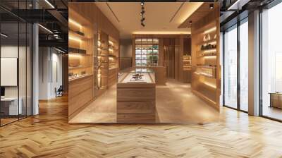 boutique optical shop with wooden display shelves and a chic, modern look Wall mural