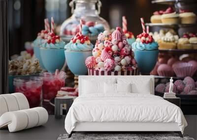 Carnival-themed desserts and treats arranged on a dessert table Wall mural