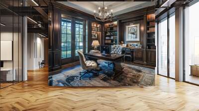 Elegant home office with walls of dark hickory wood panels, creating a luxurious work environment Wall mural