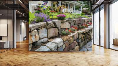 hand-laid stone retaining wall in a suburban craftsman yard, supporting a terraced flower bed with seasonal blooms Wall mural