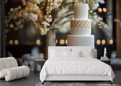 minimalist white cake with delicate, edible gold geometric patterns, set against a backdrop of a chic, modern wedding reception Wall mural