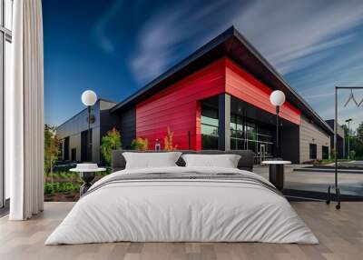 modern fire station designed with red and black fiber cement siding, showcasing a bold and functional aesthetic that reflects its emergency response purpose Wall mural