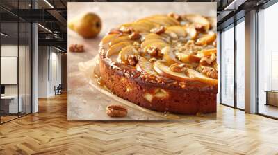 rustic pear and walnut cake with a honey drizzle on a warm beige background, inviting and ideal for cozy gatherings Wall mural