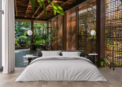 Screen wall with interlaced rattan patterns, offering a tropical and breathable privacy solution Wall mural